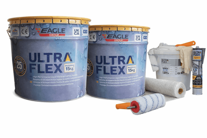 Ultra-Flex Grp kits - Can Be applied direct to Asphalt/Concrete and Metal without re-boarding (The Only kits available online). Ultra-Kit 16-20 SQM Fibre Glass Roofing
