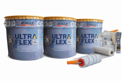 Ultra-Flex Grp kits - Can Be applied direct to Asphalt/Concrete and Metal without re-boarding (The Only kits available online). Ultra-Kit 24-30 SQM Fibre Glass Roofing