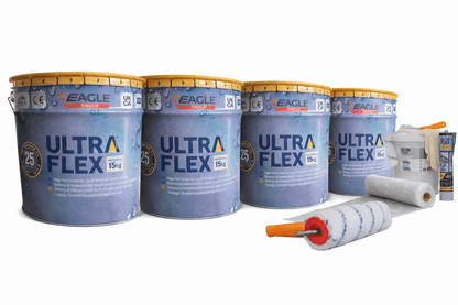 Ultra-Flex Grp kits - Can Be applied direct to Asphalt/Concrete and Metal without re-boarding (The Only kits available online). Ultra-Kit 32-40 SQM Fibre Glass Roofing