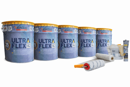Ultra-Flex Grp kits - Can Be applied direct to Asphalt/Concrete and Metal without re-boarding (The Only kits available online). Ultra-Kit 40-50 SQM Fibre Glass Roofing