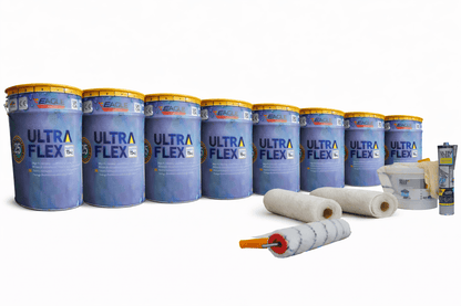 Ultra-Flex Grp kits - Can Be applied direct to Asphalt/Concrete and Metal without re-boarding (The Only kits available online). Ultra-Kit 64-80 SQM Fibre Glass Roofing