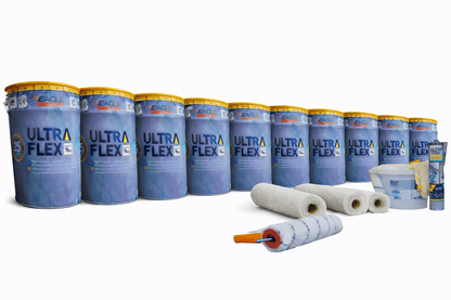 Ultra-Flex Grp kits - Can Be applied direct to Asphalt/Concrete and Metal without re-boarding (The Only kits available online). Ultra-Kit 80-100 SQM Fibre Glass Roofing